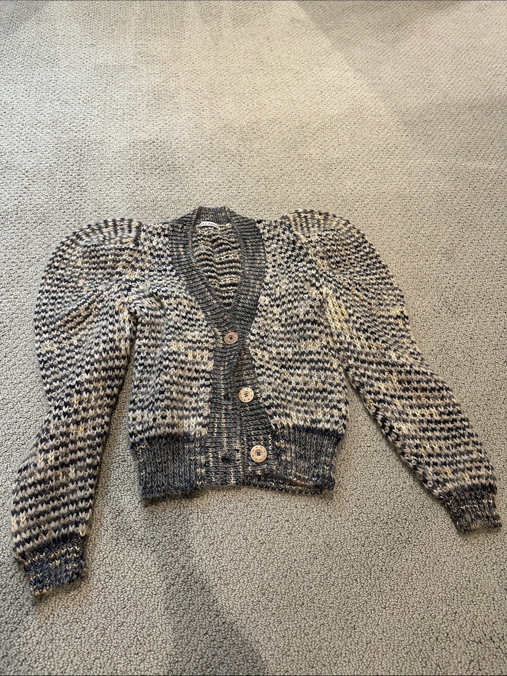 Ulla Johnson Gray & Cream Puff-Sleeve Knit Cardigan